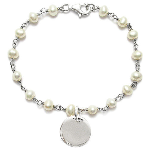 Polished Child's Pearl Beaded Link Bracelet with Engravable Round Tag - 6 Inch | Wholesale 925 Sterling Silver Jewelry | Alternate