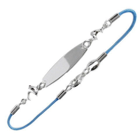 Classy Child's Engravable Blue Cord ID Bracelet with Dolphin Charms - 6 Inch | Wholesale 925 Sterling Silver Jewelry | Main