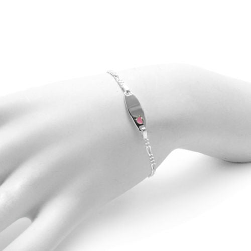 Luxurious Engravable Child's Figaro ID Bracelet with Pink Heart - 6 Inch | Wholesale 925 Sterling Silver Jewelry | Alternate