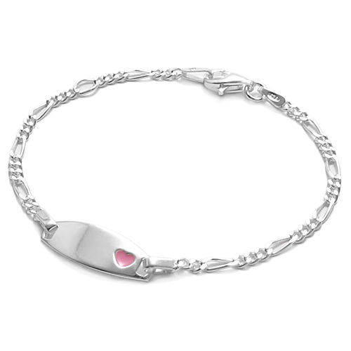 Luxurious Engravable Child's Figaro ID Bracelet with Pink Heart - 6 Inch | Wholesale 925 Sterling Silver Jewelry |  Main