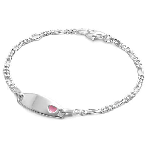 Luxurious Engravable Child's Figaro ID Bracelet with Pink Heart - 6 Inch | Wholesale 925 Sterling Silver Jewelry |  Main