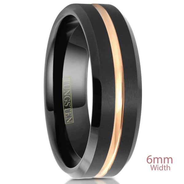 Black tungsten carbide ring w/ recessed rose gold stripe & beveled edges | Discount Tungsten Rings - Wedding Bands | 6mm White photo