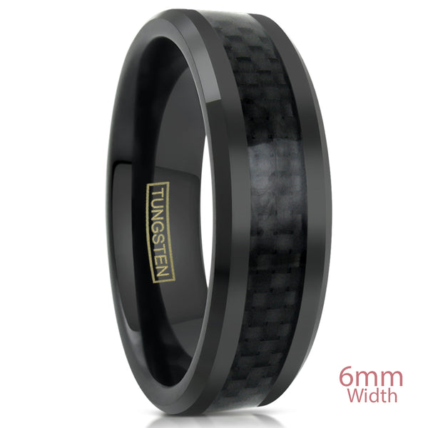Black Tungsten Carbide Ring w/ Black Faux Carbon Fiber Inlay. Discount Tungsten Rings - Wedding Bands. 6mm White Photo.