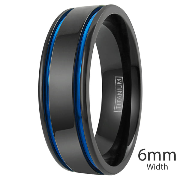 Black titanium ring with two cobalt blue racing stripes | Discount wedding bands | Main 6mm photo
