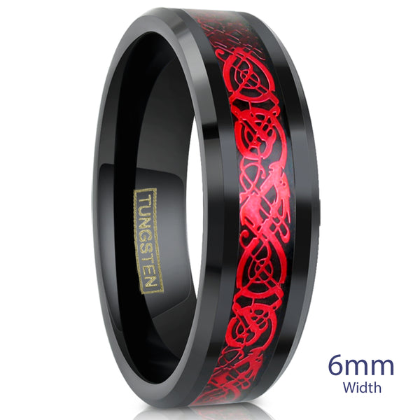 Black Tungsten Carbide Band Ring w/ Ruby Red Celtic dragon Inlay | 6mm White Upright Photo