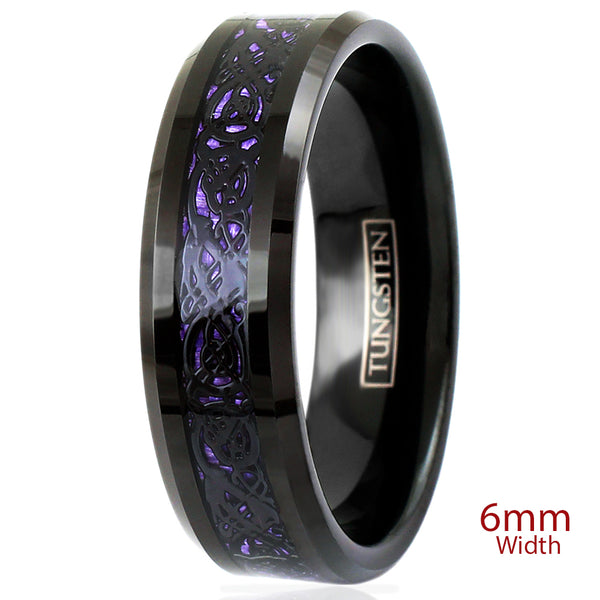 Stunning Black Tungsten Ring with Black Celtic Dragon on Violet Purple Faux Carbon Fiber Inlay.