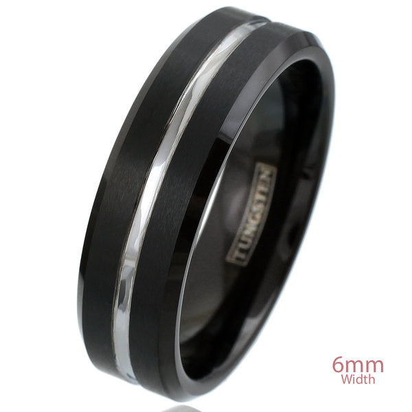 Brushed Finish Black Tungsten Carbide Ring w/ Recessed Silver Stripe | 6mm white photo