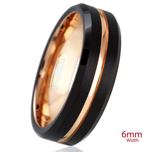 Black tungsten carbide ring w/ rose gold stripe inner band & beveled edges | 6mm white photo