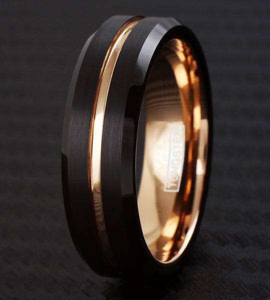 Black tungsten carbide ring w/ rose gold stripe inner band & beveled edges | 6mm black photo