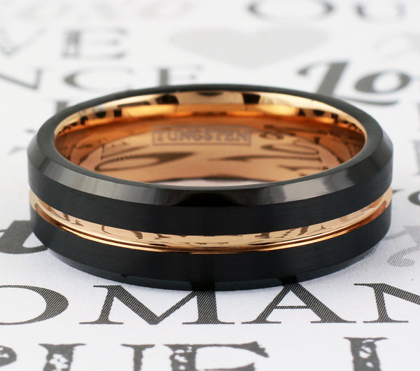 Black tungsten carbide ring w/ rose gold stripe inner band & beveled edges | 6mm flat card photo