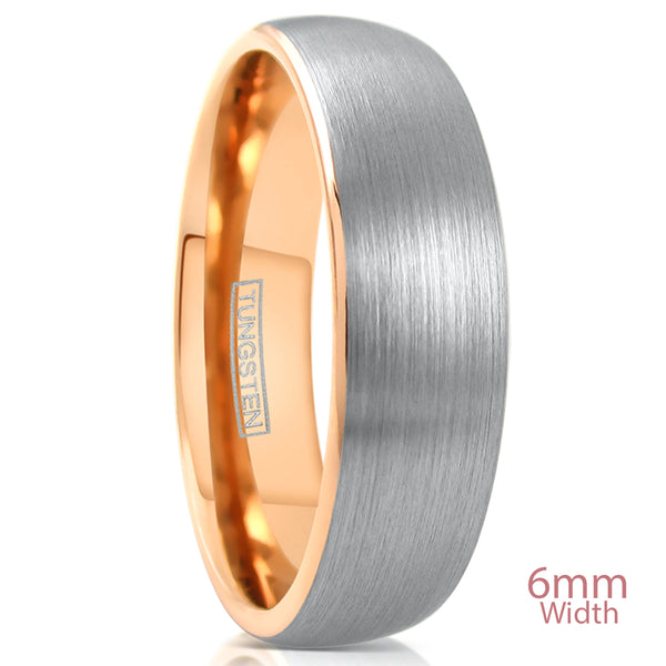 Silver brushed finish tungsten carbide ring w/ rose gold inner band | Discount Tungsten Rings & Wedding Bands | 6mm White Photo
