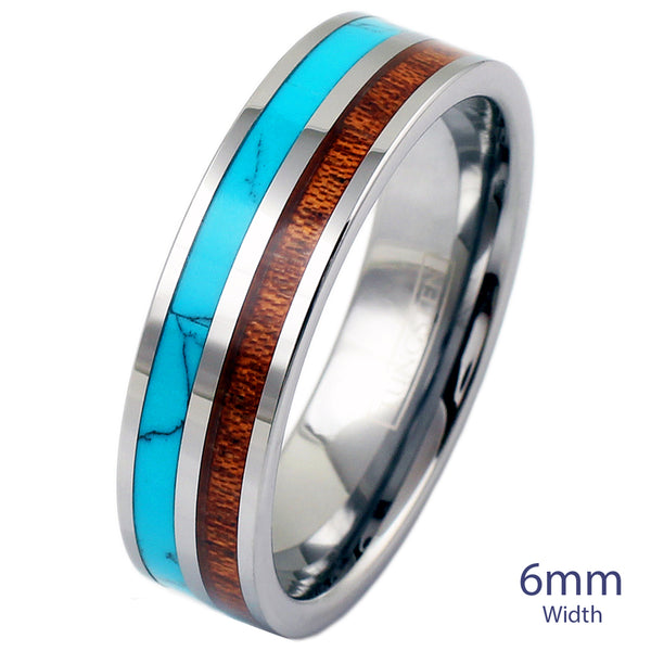 Flat silver tungsten ring w/ turquoise and Koa wood inlays | Discount tungsten rings - wedding bands | 6mm White photo