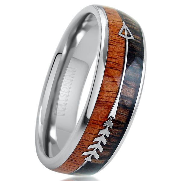 Polished silver tungsten carbide band ring w/ two tone wood & feathered arrow inlays | 6mm white photo