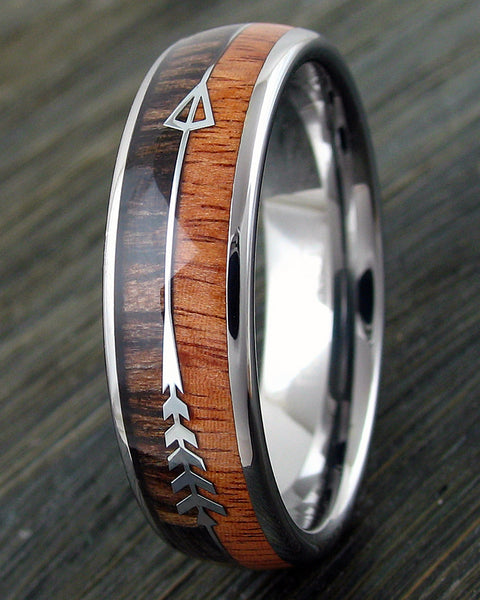 Polished silver tungsten carbide band ring w/ two tone wood & feathered arrow inlays | 6mm wood photo