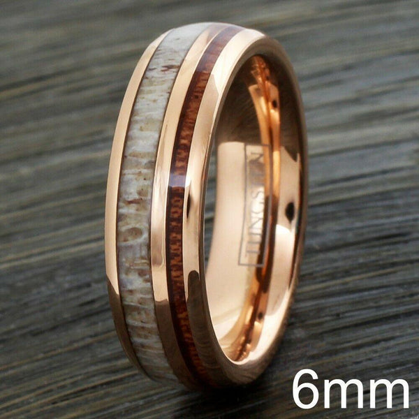 6mm rose gold tungsten carbide dome band ring | deer antler & koa wood inlays | wood photo