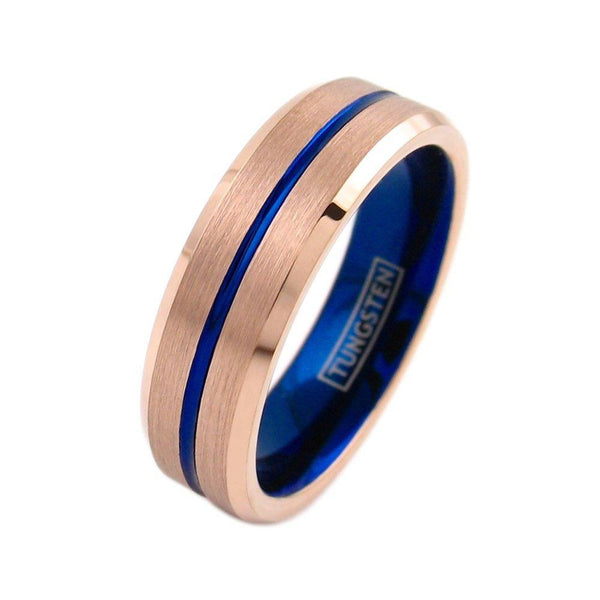 6mm rose gold tungsten ring w/ blue stripe & blue inner band | Wholesale tungsten rings - wedding bands | Diagonal photo