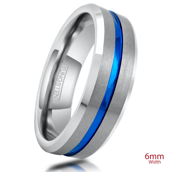 Silver tungsten carbide ring w/ brushed finish & recessed thin blue line stripe | 6mm White photo
