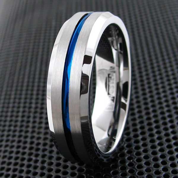 Silver tungsten carbide ring w/ brushed finish & recessed thin blue line stripe | 6mm Black photo