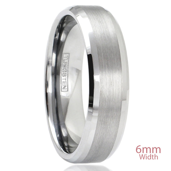 6mm Silver 3/4 brushed satin finish tungsten carbide band ring | Beveled edges | Wide brush finish stripe | Main photo