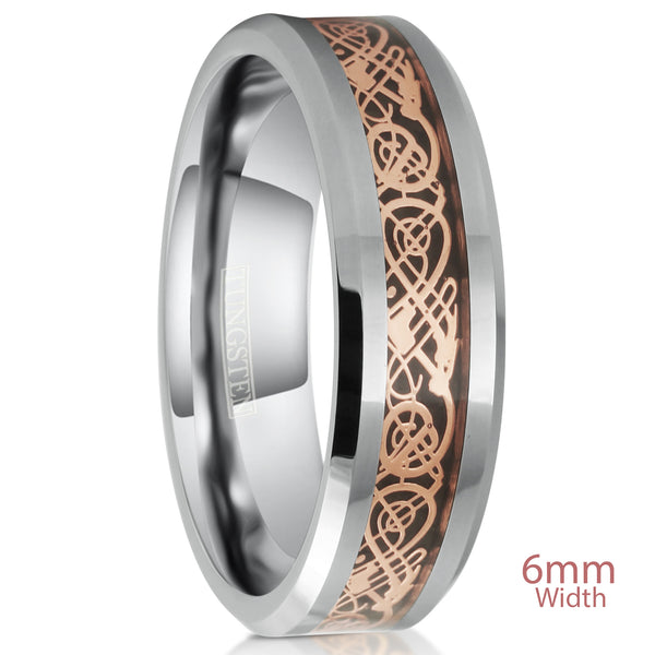 Silver tungsten carbide ring | Rose gold Celtic dragon on Black faux carbon fiber inlay | 6mm white tilted Photo.