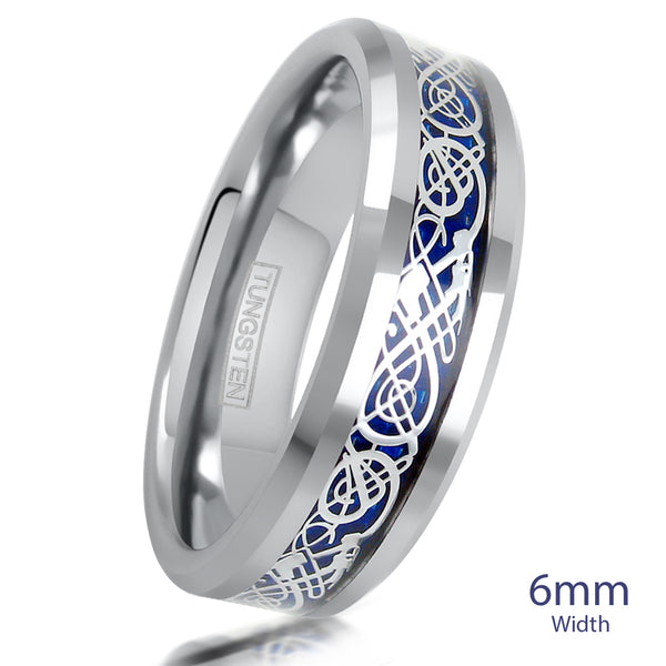 Polished silver tungsten carbide ring w/ silver Celtic dragon on sapphire blue faux carbon fiber inlay | 6mm White Photo