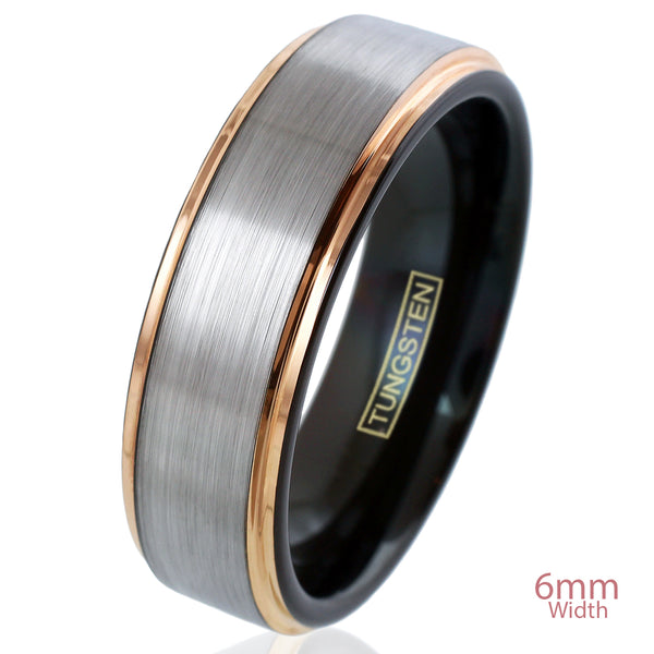 8mm Silver tungsten carbide band ring w/ black inner band & rose gold stepped edges | 6mm tilted Photo