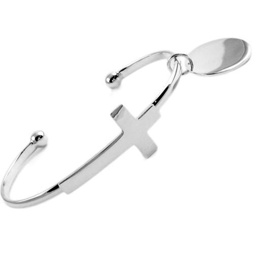 Exquisite Alpaca Silver Cross Cuff Bracelet with Engravable Round Tag - 7 Inch | Wholesale Fashion Jewelry | Alternate