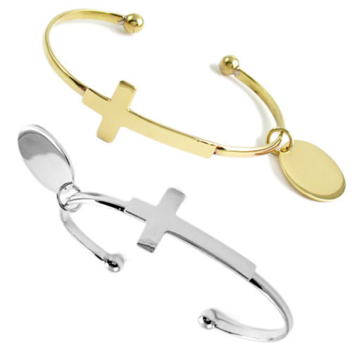 Exquisite Alpaca Silver Cross Cuff Bracelet with Engravable Round Tag - 7 Inch | Wholesale Fashion Jewelry | Main