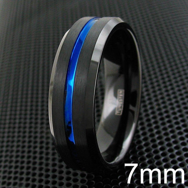7mm Black tungsten ring w/ thin blue line & beveled edges | Wholesale Tungsten Rings - Wedding Bands | Black Background photo
