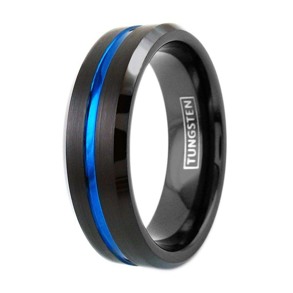 7mm Black tungsten ring w/ thin blue line & beveled edges | Wholesale Tungsten Rings - Wedding Bands | Diagonal photo