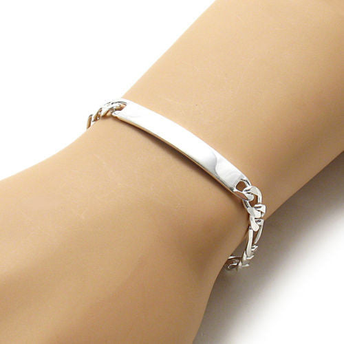 7mm (180 Gauge) Figaro link ID bracelet w. engravable plate | Wholesale 925 Sterling Silver Jewelry | Alternate photo