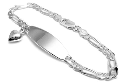 Lovely 8" Engravable Figaro Link I.D. Bracelet with Dangling Heart | Wholesale 925 Sterling Silver Jewelry | Main