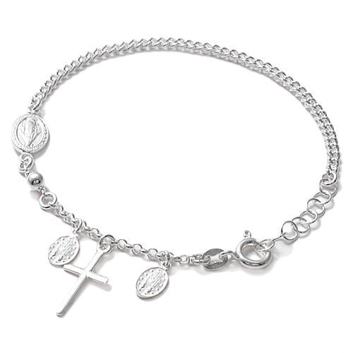 Beautiful Rosary Oval Plates and Cross Cuban Link Bracelet - 8 Inch | Wholesale 925 Sterling Silver Jewelry | Main