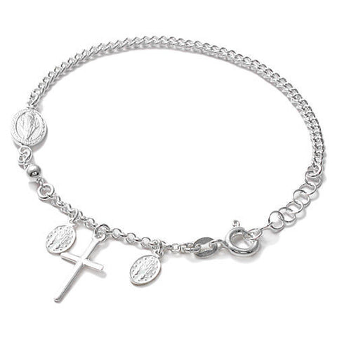 Beautiful Rosary Oval Plates and Cross Cuban Link Bracelet - 8 Inch | Wholesale 925 Sterling Silver Jewelry | Main