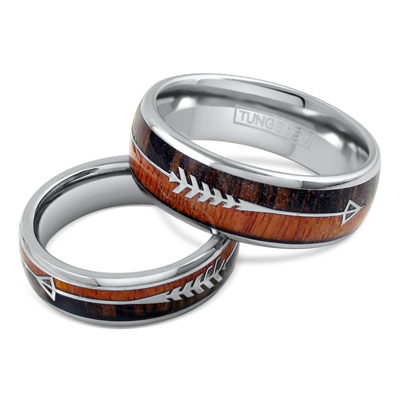 Polished silver tungsten carbide band ring w/ two tone wood & feathered arrow inlays | 6mm 8mm wood photo
