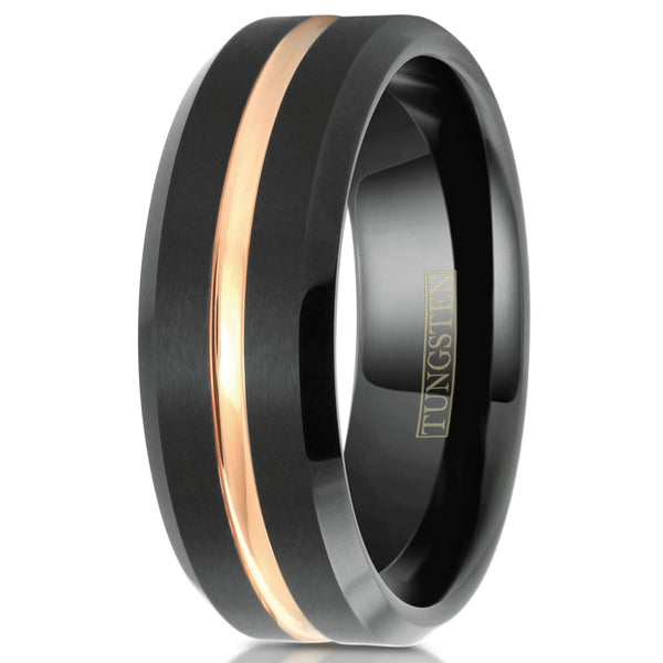 Black tungsten carbide ring w/ recessed rose gold stripe & beveled edges | Discount Tungsten Rings - Wedding Bands | 8mm White photo