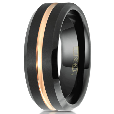 Black tungsten carbide ring w/ recessed rose gold stripe & beveled edges | Discount Tungsten Rings - Wedding Bands | 8mm White photo