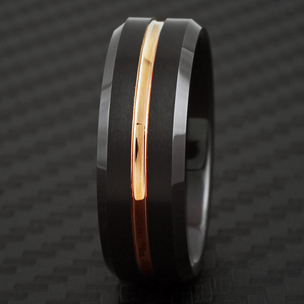 Black tungsten carbide ring w/ recessed rose gold stripe & beveled edges | Discount Tungsten Rings - Wedding Bands | Black front photo