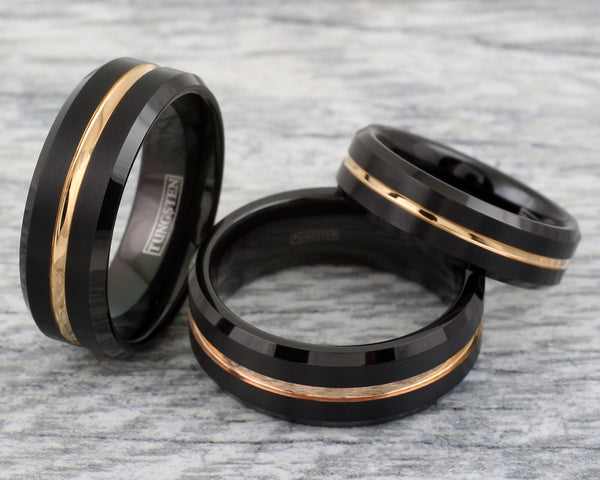 Black tungsten carbide ring w/ recessed rose gold stripe & beveled edges | Discount Tungsten Rings - Wedding Bands | Group photo
