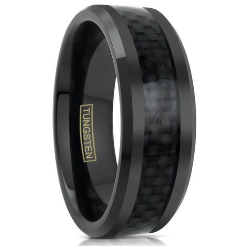 Black Tungsten Carbide Ring w/ Black Faux Carbon Fiber Inlay. Discount Tungsten Rings - Wedding Bands | 8mm White Photo.