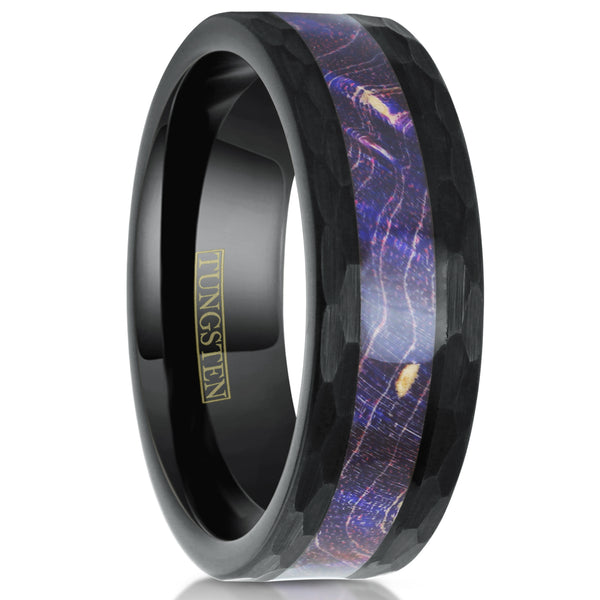 Hexagon brushed finish black tungsten carbide ring w/ purple box elder wood inlay | White upright photo