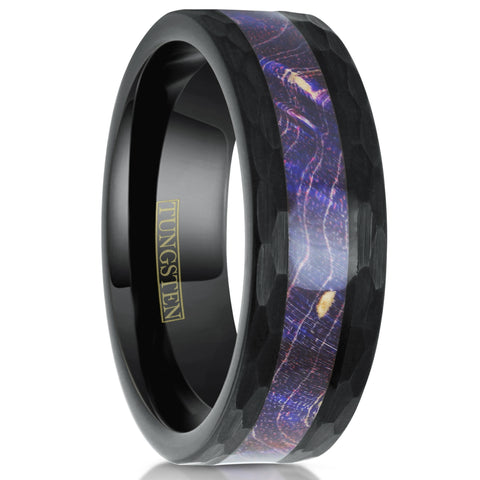 Hexagon brushed finish black tungsten carbide ring w/ purple box elder wood inlay | White upright photo