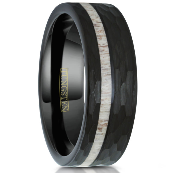 Hexagon brushed finish black tungsten carbide ring w/ asymmetrical deer antler inlay | Tilted upright photo