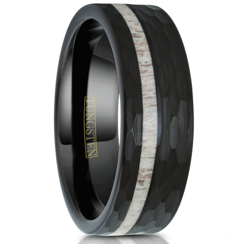 Hexagon brushed finish black tungsten carbide ring w/ asymmetrical deer antler inlay | Tilted upright photo