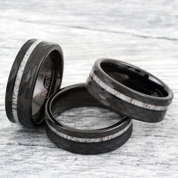 Hexagon brushed finish black tungsten carbide ring w/ asymmetrical deer antler inlay | Marble group photo