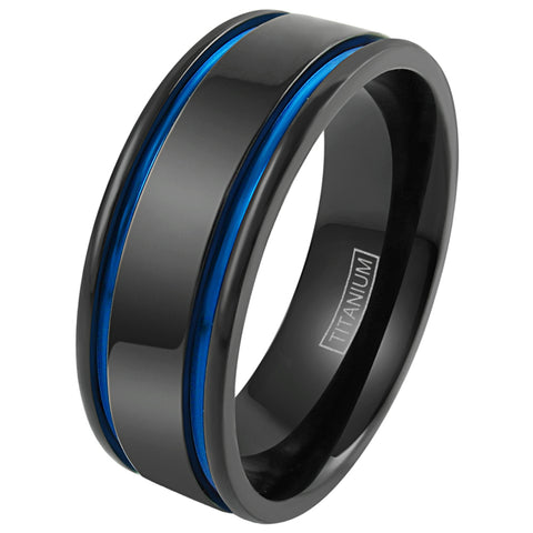Black titanium ring with two cobalt blue racing stripes | Discount wedding bands | Main 8mm photo