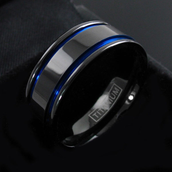 Black titanium ring with two cobalt blue racing stripes | Discount wedding bands | Black 8mm photo