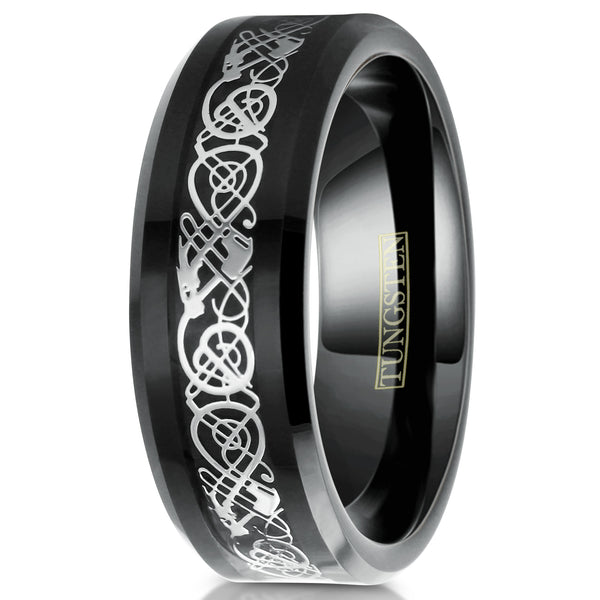 Black tungsten carbide ring w/ silver Celtic dragon on black faux carbon fiber inlay | White upright photo