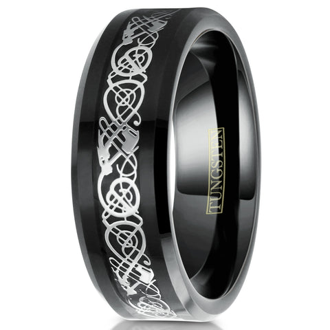 Black tungsten carbide ring w/ silver Celtic dragon on black faux carbon fiber inlay | White upright photo