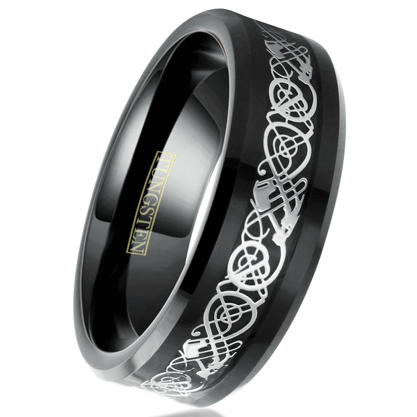 Black tungsten carbide ring w/ silver Celtic dragon on black faux carbon fiber inlay | White tilted photo